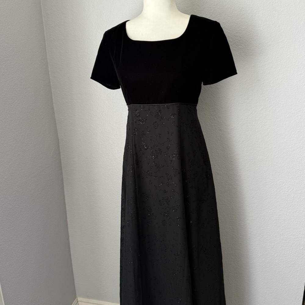 Vintage 90s Black Empire Waist Maxi Dress Velvet Glitter Floral Goth Prom 6